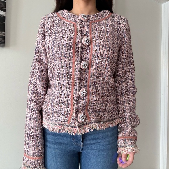 EsQualo Tweed Cropped Jacket Pink Preppy Chic Statement Buttons - Picture 6 of 13